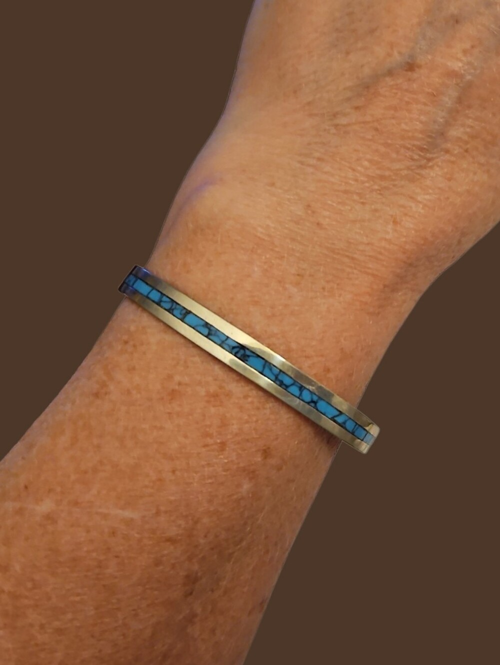 Vintage Dainty Turquoise Chip Inlay Mexican Silver Bangle Bracelet